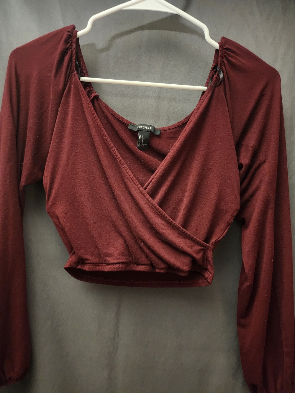 Forever 21 Burgundy Long-Sleeve Wrap Look Crop Top Womens Small